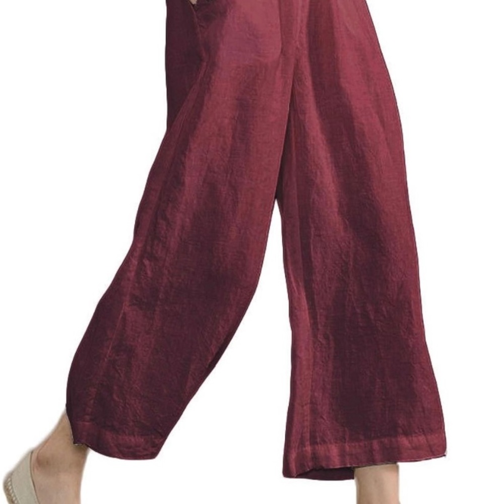 Womens casual loose elastic waist cotton trouser cropped wide leg pants